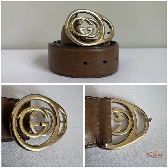 Authentic Gucci Brown Leather Gold Interlocking G Buckle Belt 80/32 - Picture 2 of 13